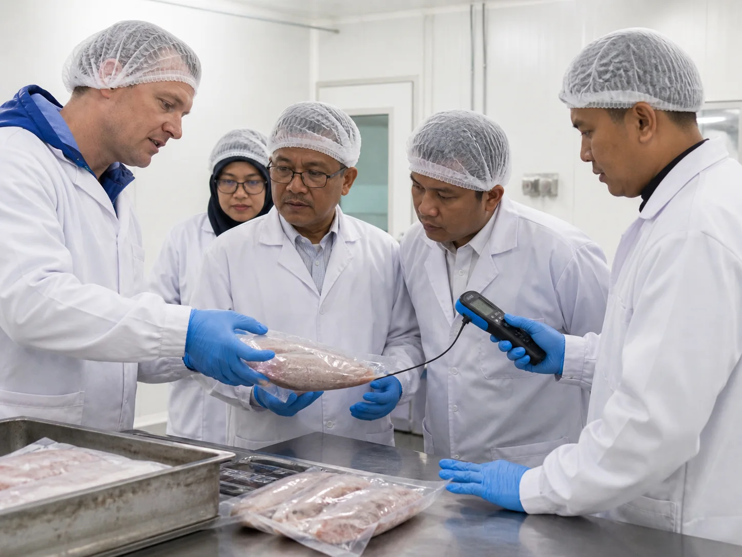 Tim meninjau prosedur pemeriksaan higienis dan penanganan produk beku.