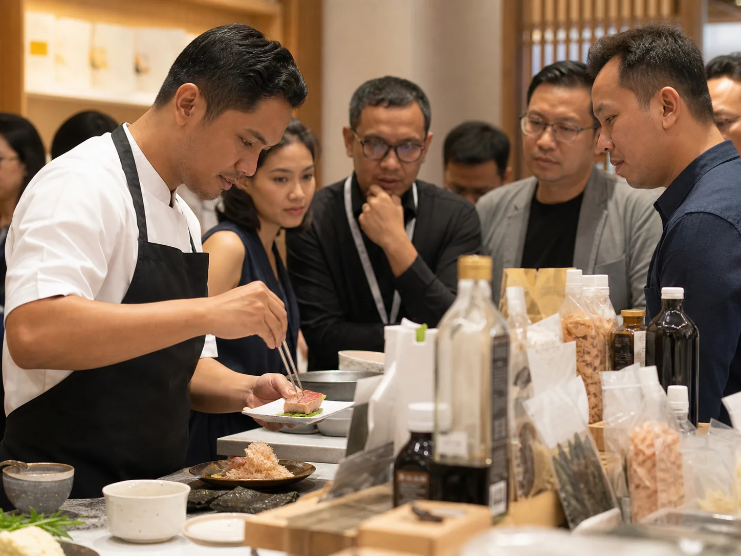 Seorang chef mendemonstrasikan teknik penyajian praktis menggunakan bahan-bahan yang ditampilkan dalam pameran.