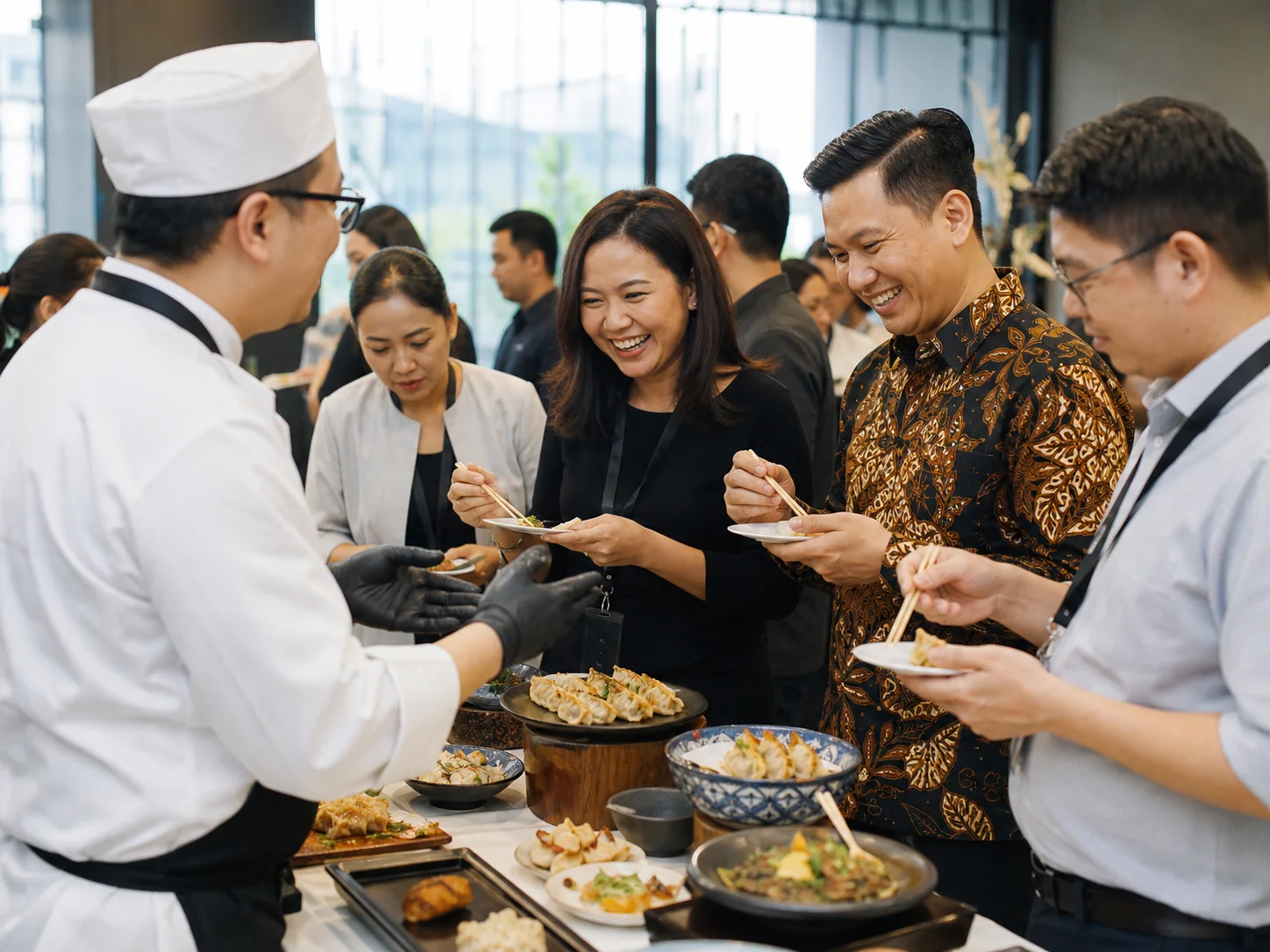 Para tamu mencicipi hidangan bernuansa Jepang dan berbagi masukan dengan tim kuliner.