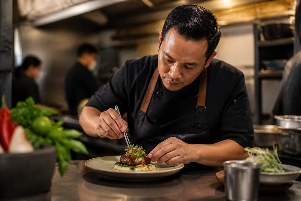 Koki menata hidangan di dapur profesional