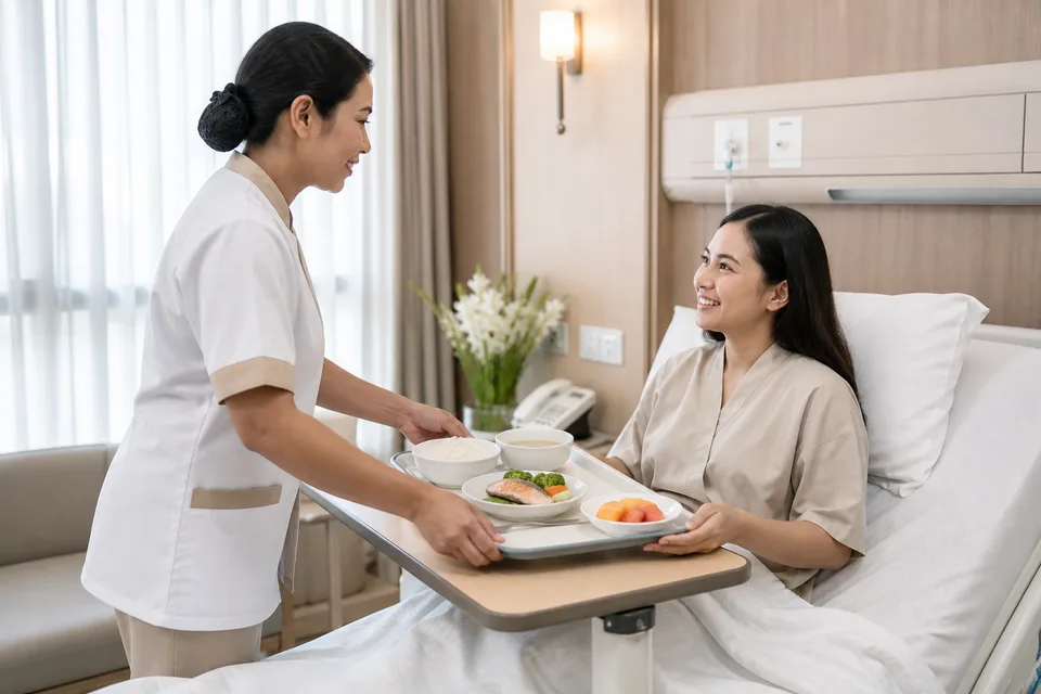 Petugas menyajikan makanan sehat kepada pasien