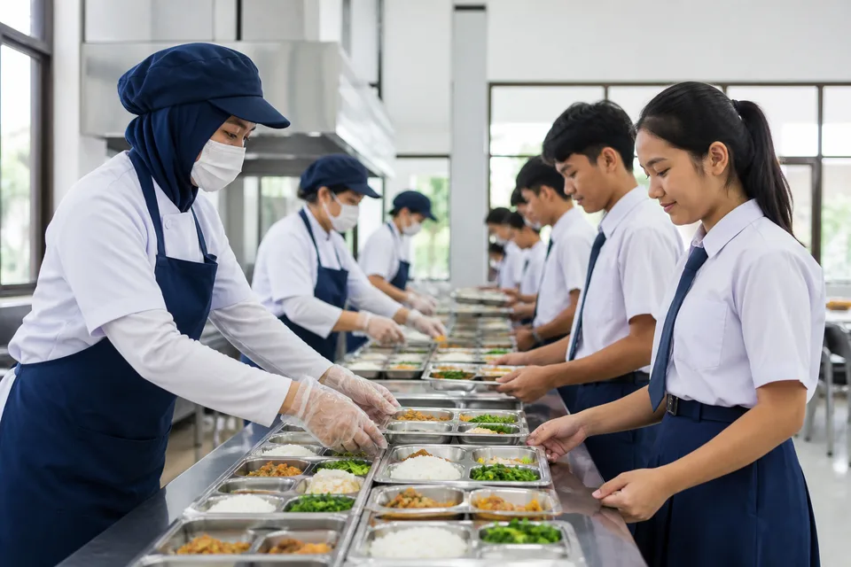 Petugas menyiapkan makanan di kantin institusi