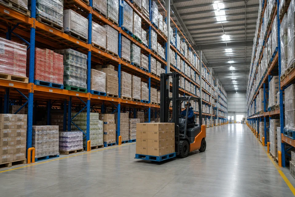 Gudang distribusi besar dengan forklift